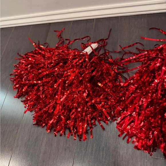 NWOT Metallic Red Cheerleading Pom Poms with Handles Girls Cheerleader - Picture 2 of 4